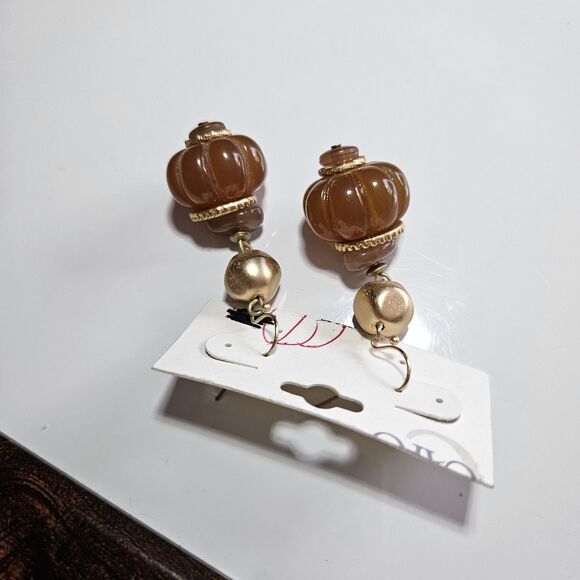 Cato Gold Tone Chunky Tan Beaded Dangling Earrings - Picture 12 of 14